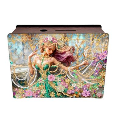 Imagem de LXTONG Caixa de desafio de madeira com pintura de diamante para economizar dinheiro, anjo menina diamante arte cofrinho, caixa de poupança de moeda com diamantes para presente de aniversário adulto