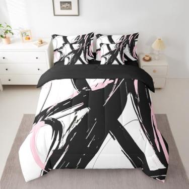Imagem de Feelyou Conjunto de edredom de linha de arte abstrata rosa e preto com lençóis, moderno, tamanho king, 7 peças, para crianças, meninos, meninas, minimalista, linha de tinta, cama em um saco,