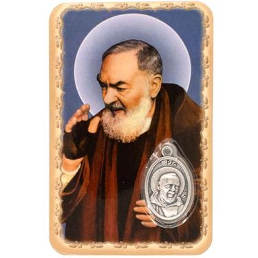 Imagem de Impressão de oração católica com medalha prateada embutida | Laminado | Arte religiosa | Ótimo presente para primeira comunhão ou confirmação (Padre Pio)