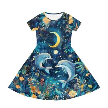 Imagem de Watdotory Vestido preto para meninas lindos vestidos de manga curta com bolso vestido de verão tamanho 2-14 T infantil, Golfinho lua estrela, 9-10 Anos