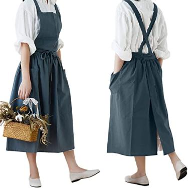 Imagem de FADUOFA Avental de linho de algodão aventais à prova d'água estilo japonês com bolsos para cozinha café blusa florista (azul), azul, M