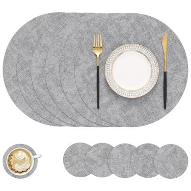 Imagem de Homing Jogo americano redondo de couro sintético e porta-copos conjunto com 6 – tapetes laváveis e resistentes ao calor, tapetes de mesa dupla face limpáveis para ambientes internos e externos,