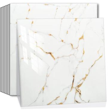 Imagem de 20 folhas de azulejo autoadesivo Backsplash com aparência de mármore 30,5 x 30,5 cm, salpicos traseiros para cozinha, banheiro, azulejos coloridos (20, dourado)