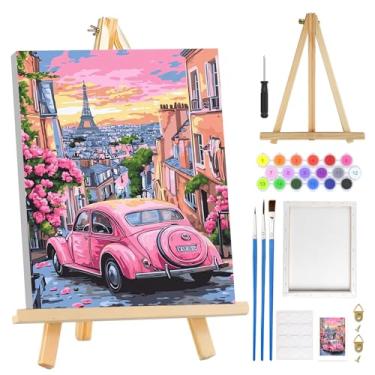 Imagem de MOGTAA Kit de pintura de carro rosa por números para adultos iniciantes com moldura, kits de pintura por números de flores para adultos em tela com cavalete, kits de pintura a óleo DIY fáceis para