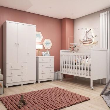 Imagem de Quarto De Bebê Completo Berço 2 Em 1 Guarda Roupa 3 Portas Cômoda 4 Gavetas Júnior Móveis Peroba Branco Brilho