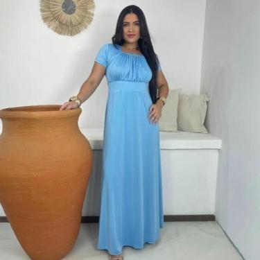 Imagem de Vestido Longo Bolinhas Liso Moda Evangélica Feminina - Miss Flower, Az