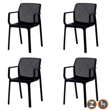 Imagem de Kit 4 Cadeiras Com Braços Empilhavel Inmetro Sardenha Vega Fratini Polipropileno Preto