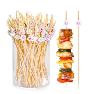 Imagem de JtmyAota 100 palitos de dente extravagantes para aperitivos, palitos de coquetel de 12 cm para decoração de festa, espetos de aperitivo de bambu para charcutaria, sanduíche, hambúrgueres, bebidas de