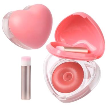Imagem de Blush creme em forma de coração para bochechas e lábios – Kit de bálsamo labial e bochecha 2 em 1 com mini pincel – Blush orvalhado misturável para mulheres, compacto portátil para viagens e retoques