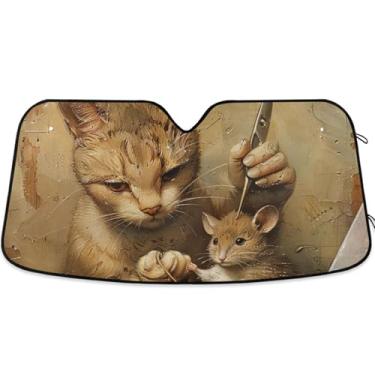 Imagem de Personalizado engraçado gato mouse corte de cabelo carro para-sol para-brisa engraçado universal dobrável automotivo capa protetor solar L, 144,8 cm x 80 cm