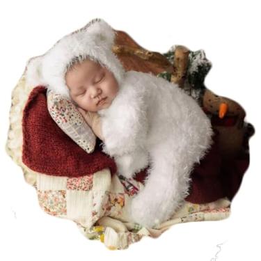 Imagem de Vemonllas Acessórios para fotografia de recém-nascidos, roupas para meninos e meninas, chapéu de urso mohair, gorro e macacão com pés, conjunto de fantasia para sessão de fotos (extra branco)