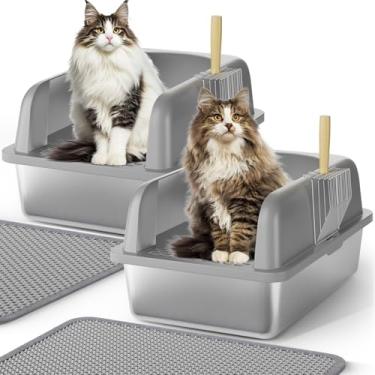 Imagem de WIN4ALL Caixa de areia para gatos de aço inoxidável com tampa, caixa de areia de metal para gatos com laterais altas, 61 cm C x 40 cm L x 30 cm A, bandeja de areia fechada extragrande, cinza, 2 peças