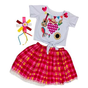 Imagem de Conjunto Xadrez Feminino Infantil Camisa de Nó e Saia Xadrez Festa Jun