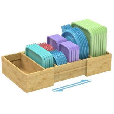Imagem de Retro Shaw Organizador expansível de tampa de recipiente de alimentos de bambu para armário, organizador de tampa ajustável para armazenamento de tampas e tampas de plástico, organizador de tampas com