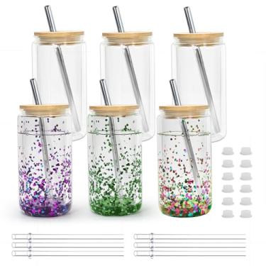 Imagem de Icesip Copo de globo de neve de acrílico de 473 ml, copos de globo de neve de parede dupla com orifício pré-perfurado, copos de plástico transparente com tampas de bambu e canudos para café gelado,