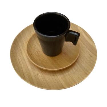 Imagem de Conjunto Lanche, prato, pires bambu e xicara cerâmica Preta - Utensili
