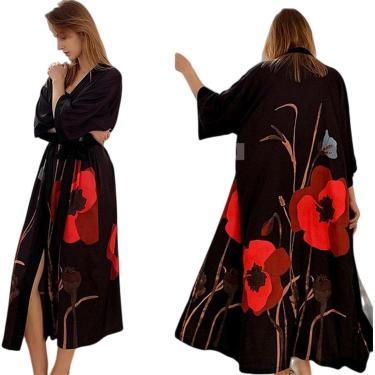 Imagem de Robe Stin Robe Mulheres Verão Camisola Lingerie Impressão Flor Pijamas Camisola V-neck Kimono Roupão De Banho Vestido Loungewear, Black Poppy, One Size
