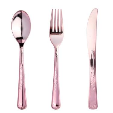 Imagem de Pacote com 180 talheres descartáveis de plástico rosa contêm 60 garfos, 60 colheres, 60 facas, talheres de plástico sólido e durável, perfeitos para festas, casamentos.