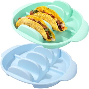 Imagem de Conjunto de 2 suportes de placas de tacos de silicone, placas de suporte de taco com divisórias, suportes de silicone para tacos macios e duros, suportes antiderrapantes para taco (2 peças (azul e