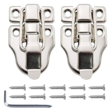 Imagem de Pacote com 4 travas prateadas de bico de pato com parafusos de montagem, travas de ferrolho de metal com mola para caixas de joias, caixas de madeira, armários, caixas de ferramentas e porta-malas de