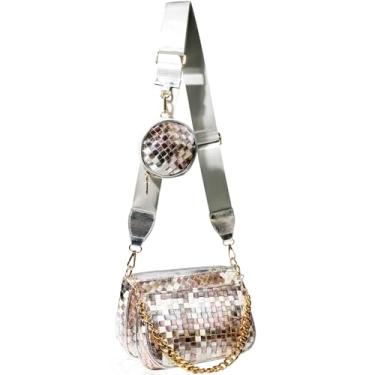 Imagem de DSGUTWO Bolsa tiracolo pequena de tecido feito à mão para mulheres com bolsa de moedas, bolsa de ombro de designer conjunto de 3 peças, mini bolsa clutch, Prata multicolorida, One Size