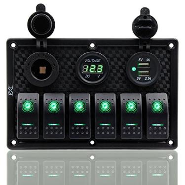 Imagem de FXC Painel de interruptor de balancim para barco à prova d'água 6 gangues com duplo encaixe USB + isqueiro de cigarro + display de tensão digital luz LED para carros veículos Rv caminhão (luz verde de 6 gangues)
