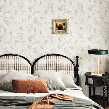 Imagem de Mangoloo Papel de parede neutro bege floral para quarto, banheiro, locatário, 44,5 x 200,2 cm, autoadesivo, removível, floral, papel de contato para armários, móveis, papel de parede