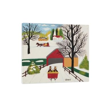 Imagem de Maud Lewis Impressão de arte de parede em tela - Imagem de arte em tela com ponte coberta de moldura de madeira no inverno - reprodução de pintura de paisagem pôster para casa 50 x 55 cm 20 x 22