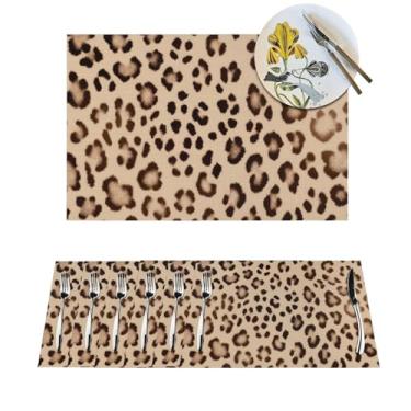 Imagem de Conjunto de 6 peças de jogo americano de leopardo com padrão marrom, resistente ao calor, antiderrapante, tapetes laváveis para mesa de jantar de cozinha para decoração de festa de férias em ambientes