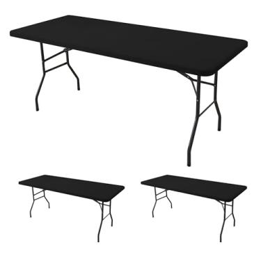 Imagem de Enjoyidea Toalha de mesa ajustada para mesas retangulares de 1,8 m - pacote com 2 toalhas de mesa pretas elásticas para piquenique ao ar livre - toalhas de mesa elásticas de elastano 1,8 m para