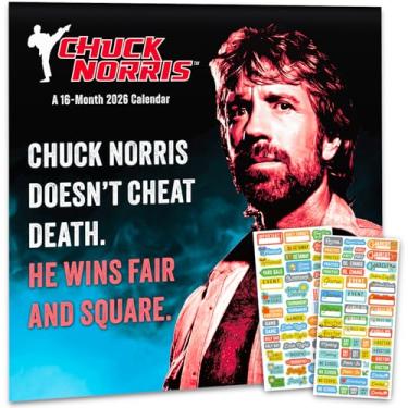 Imagem de Chuck Norris Calendário 2025 – Pacote de calendário de parede Chuck Norris Deluxe 2025 com mais de 100 adesivos de calendário (presentes de presente, material de escritório)