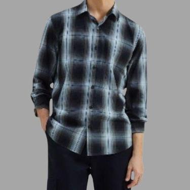 Imagem de Camisa Masculina Manga Longa Xadrez - Hering, P, Cinza