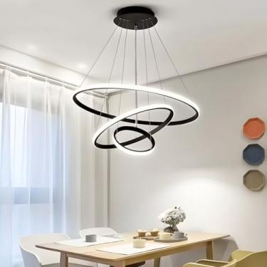 Imagem de Luminária Pendente Moderno Redondo com 3 Anéis (aros) Ideal para Mesa de Jantar, Sala - Bivolt 110v/220v - 03 Tons de Iluminação (Preto)