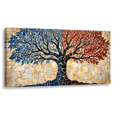 Imagem de Árvore da Vida Arte de Parede Duas Árvores Impressão em Tela Azul Vermelho Decoração Fotos Pintura Harmonia Natureza 60x30cmx1