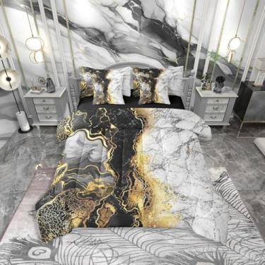 Imagem de Erosebridal Conjunto de edredom King preto e cinza, 7 peças, cinza, mármore, abstrato, para meninos e adultos, dourado, metálico, mármore, decoração de quarto