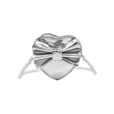 Imagem de Amamcy Linda bolsa transversal em forma de coração para meninas e mulheres, bolsa de ombro de couro brilhante, alça de pérola, minisbolsa, Prata, One Size