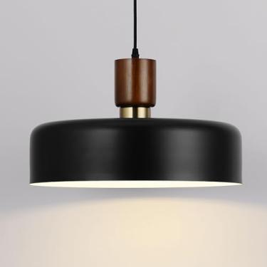 Imagem de Luminária pendente industrial, cúpula de madeira de borracha com cúpula de metal martelado de 40 cm, luminárias modernas pretas para ilha de cozinha, sala de estar, restaurante, sala de jantar de