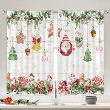 Imagem de Mitpok Cortinas de cozinha de Natal para quarto 79,5 x 99 cm de altura com bolso para varão, pequeno, Papai Noel, boneco de neve, bolinha, bolinha, estrela, arco, pinheiro, 2 painéis, conjunto de