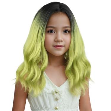 Imagem de Edivd Peruca preta verde ombré para meninas e crianças, curta, preta a verde, peruca infantil, ondulada, encaracolada, perucas sintéticas resistentes ao calor com touca
