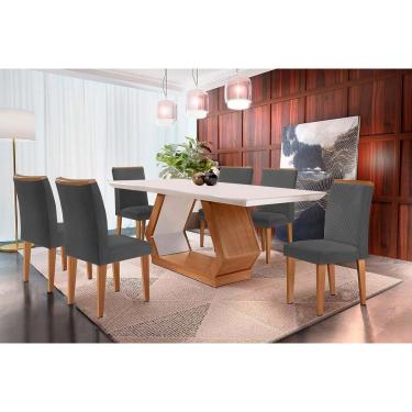 Imagem de Kit 6 Cadeiras Sala Jantar Alvorada c/ Tampo Madeirado Canto Reto 180x90cm e 6 Cadeiras Amsterdã Imbuia/Off White - Suede Grafite - Rufato