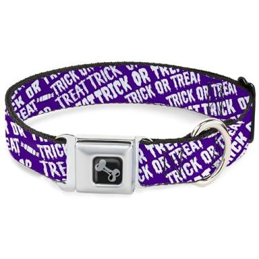 Imagem de Buckle-Down Coleira para animais de estimação, fivela de cinto de segurança de metal, colagem de texto de doces ou travessuras, roxo, branco, 40,6 a 58 cm de largura