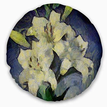 Imagem de Designart White Lilies on Blue Watercolor' manta floral redonda sala de estar, sofá, enchimento de almofada + capa de almofada impressa em ambos os lados 50,8 cm