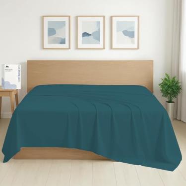 Imagem de Mayfair Linen Lençol Queen 100% algodão orgânico, percal - 1 lençol de cima, azul-petróleo - roupa de cama nítida, fresca e forte, lençóis de cima para quem dorme quente, lençóis de luxo respiráveis