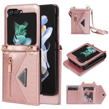 Imagem de Capa de telefone de couro com cordão crossbody para Samsung Galaxy Z Flip 6 5 4 Flip6 Flip5 Flip4 Capa de suporte para cartão de carteira com zíper, rosa, para Galaxy Z Flip4
