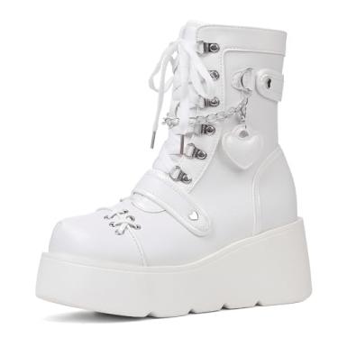Imagem de Accloris Bota de cano médio feminina plataforma gótica rave kawaii, salto alto, bico redondo, zíper cunha, cano médio, Todo branco, 36
