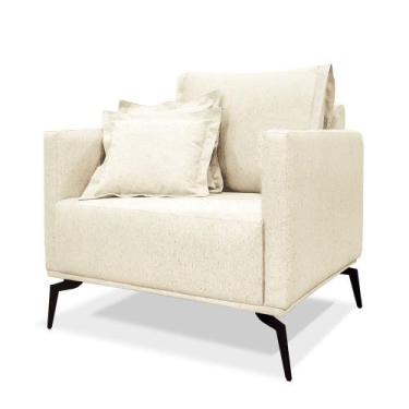 Imagem de Poltrona Decorativa Estofada em Linho Pérola com Pés Metálicos - Livin