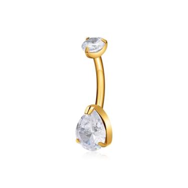 Imagem de DGhera Anel de umbigo dourado G23 titânio hipoalergênico 14G para mulheres e homens, joia piercing de umbigo em forma de lágrima, barra de 10 mm, com zircônia cúbica de grau 5A, 14Gauge(1.6mm)*10mm