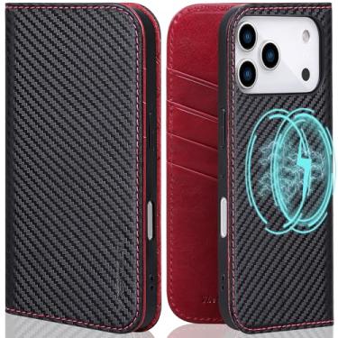 Imagem de VISOUL Capa carteira para iPhone 17 Pro Max, capa magnética de couro de fibra de carbono com suporte para cartão com bloqueio de RFID, capa flip flip projetada para iPhone 17 Pro Max 6,9 polegadas