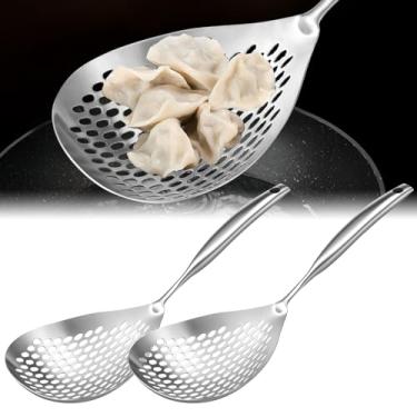 Imagem de DJAPWPX Colher escumadeira, escumadeira de aço inoxidável 304 com cabo longo, concha de escumadeira eficiente, colher de filtro multifuncional para cozinha, fritar, cozinhar, drenar