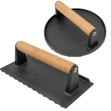Imagem de Prensa de hambúrguer, redonda de 18 cm e 21 cm x 4,7 cm, retangular, ferro fundido, prensa de bacon, bife de carne com cabo de madeira para grelha, sanduíche, panela antiaderente para chef de